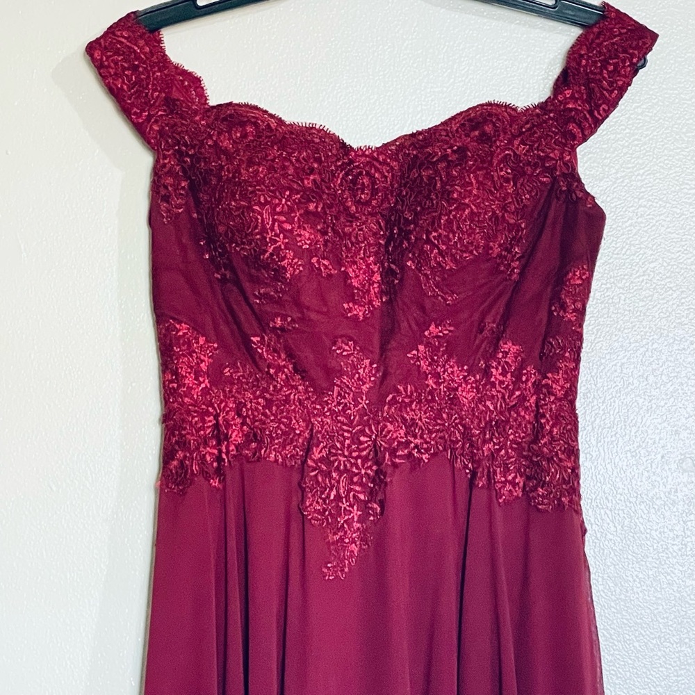 Off-Shoulder Burgundy Evening Gown - Picture 3 of 13